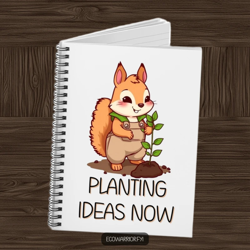 Funny notebook with a cute squirrel character in leafy overalls energetically planting a tiny seedling, inspiring nature notes.