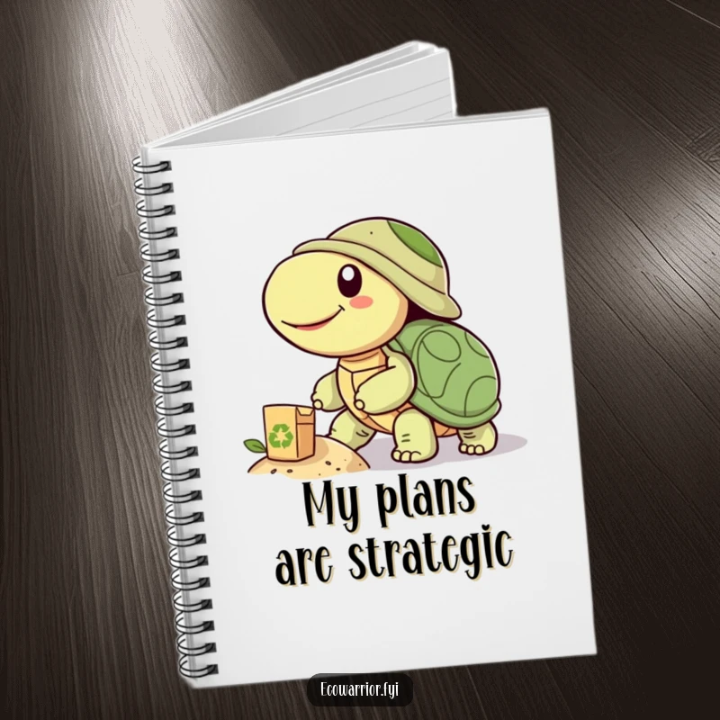 Funny notebook featuring a smiling turtle pushing a recycled object uphill, ideal for jotting down ideas with a splash of eco-friendly, humorous determination.