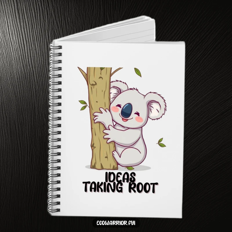 Funny notebook cover with a smiling koala hugging a sapling, raising one arm victoriously, inspiring eco-friendly writing.