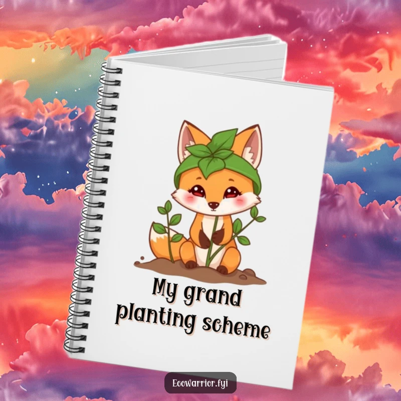 Funny Fox Planting Sapling Notebook featuring a determined fox in a leaf helmet, perfect for note-taking.
