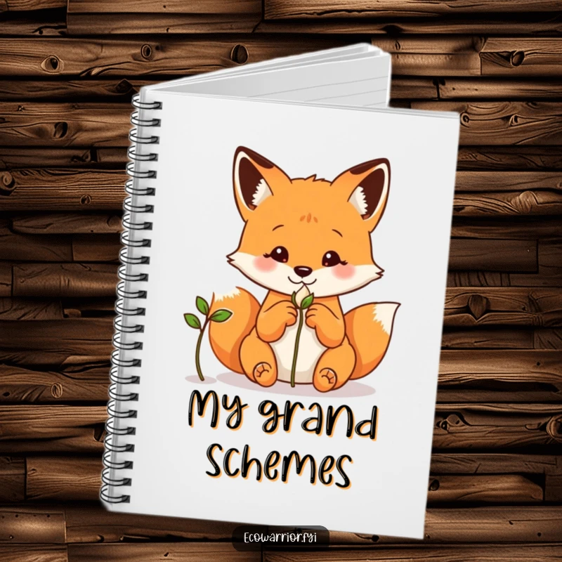 Funny fox notebook, hands behind its back, curiously observing a sprout, ideal for note-taking.
