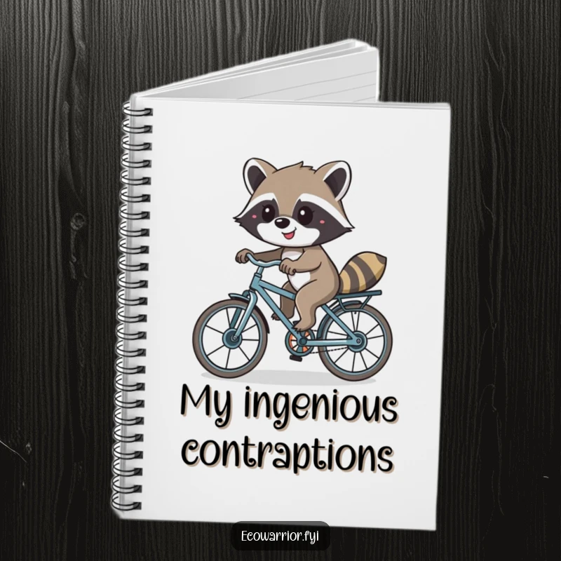 Funny notebook featuring a smiling raccoon riding a bicycle made of recycled parts, perfect for notes and eco-conscious ideas.