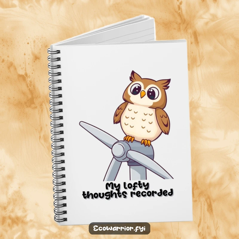 Funny notebook featuring a delighted owl perched on a wind turbine, looking upwards, perfect for notes and wise ideas.