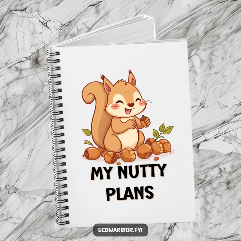 Funny Notebook featuring a cheerful squirrel focused on gathering acorns with impressive speed.