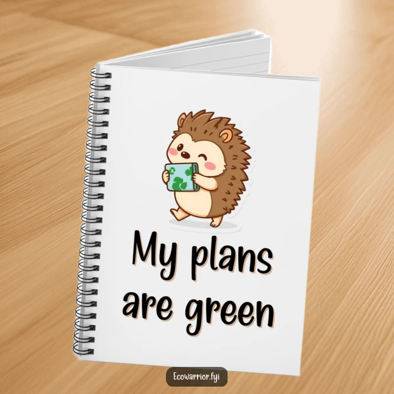 Funny hedgehog character with recycled materials on a notebook cover, inspiring eco-friendly notes and ideas, perfect for funny notebook collectors.