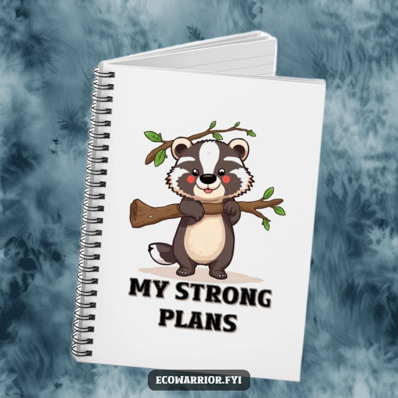 Funny notebook with a strong badger character lifting a fallen branch, perfect for humorous and strength-focused note-taking.