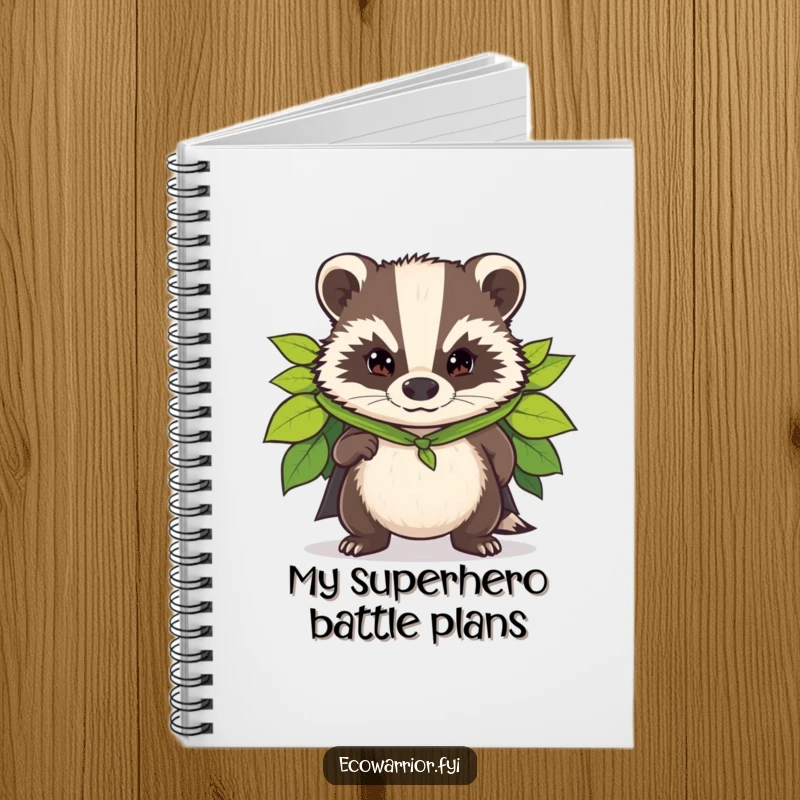 Funny notebook depicting a determined badger in a superhero leaf cape, perfect for jotting down bold plans and ideas.