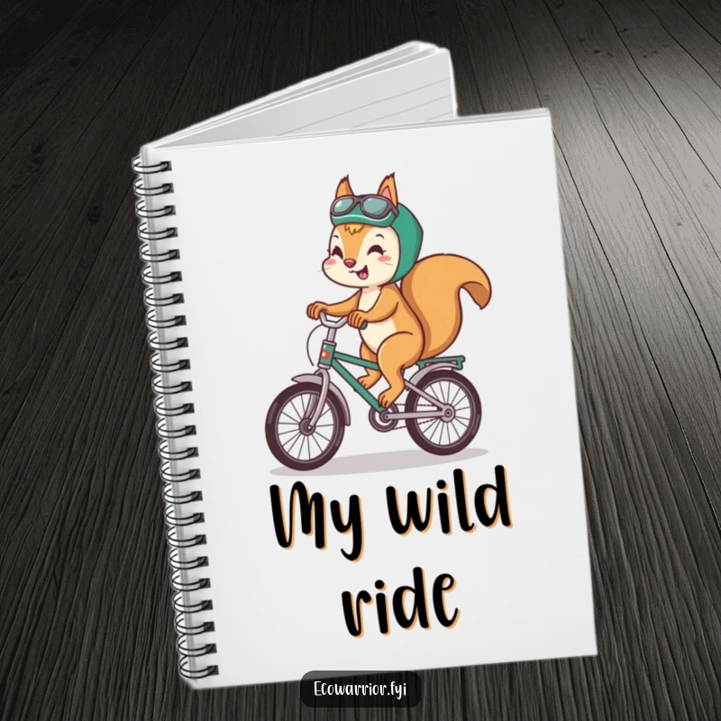 Funny squirrel notebook with a playful squirrel riding a recycled bicycle with a smile, ideal for notes.