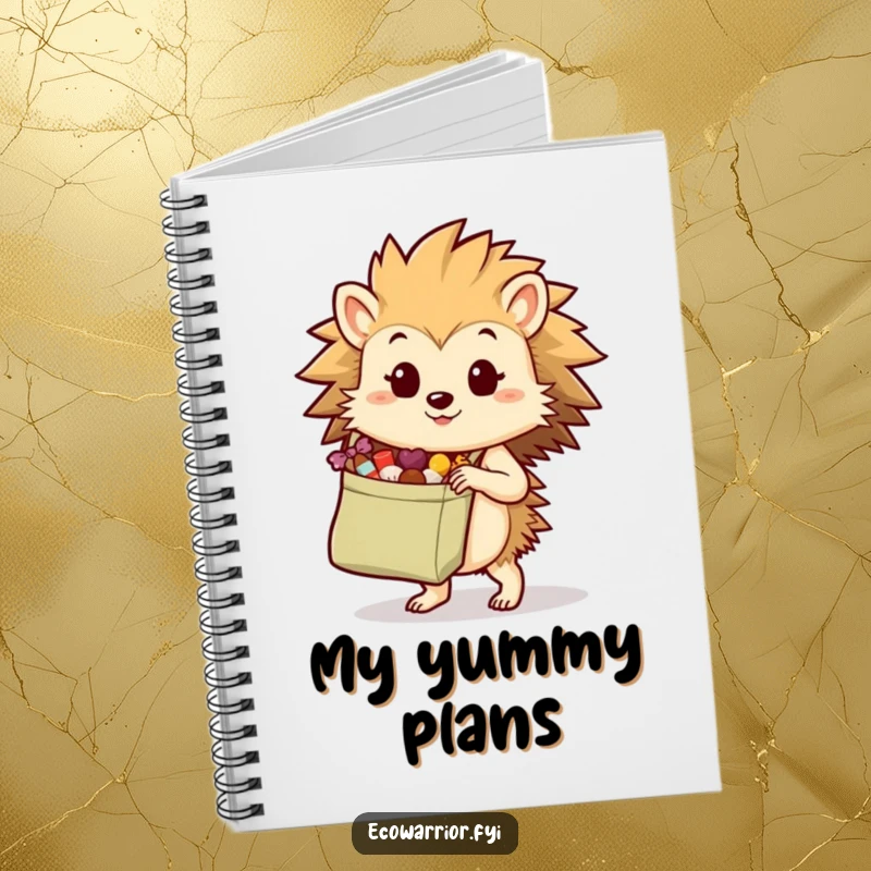 Funny hedgehog with a reusable shopping bag full of treats on a notebook cover, perfect for planning and note-taking with humor.