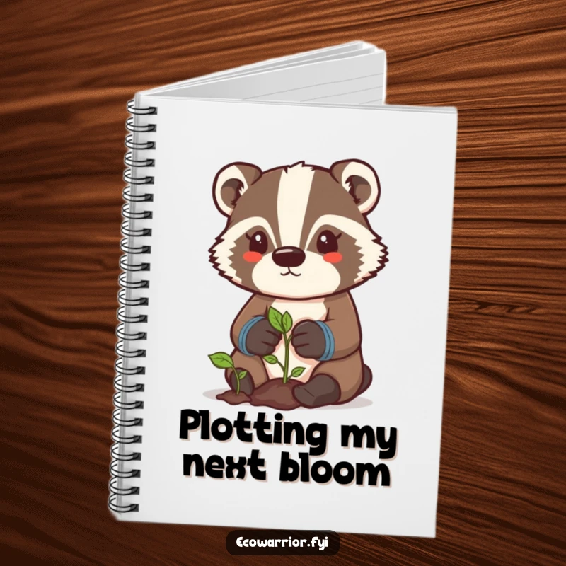 Funny badger gardener notebook with a determined character in gloves, tending a sprout, ideal for note-taking humor.