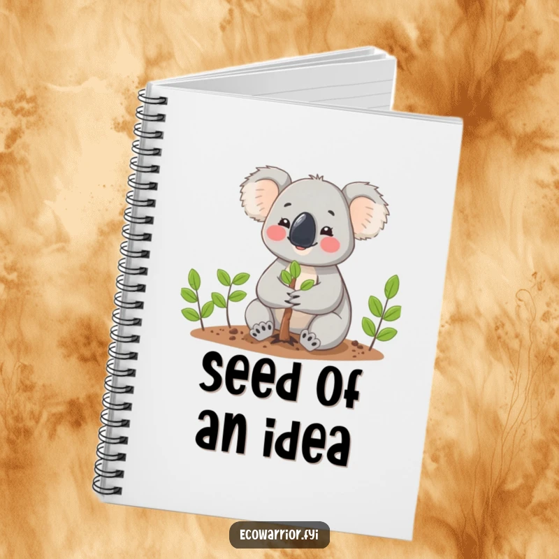Funny Koala character planting a tiny tree with gentle hands, looking cheerful on the cover of a notebook.
