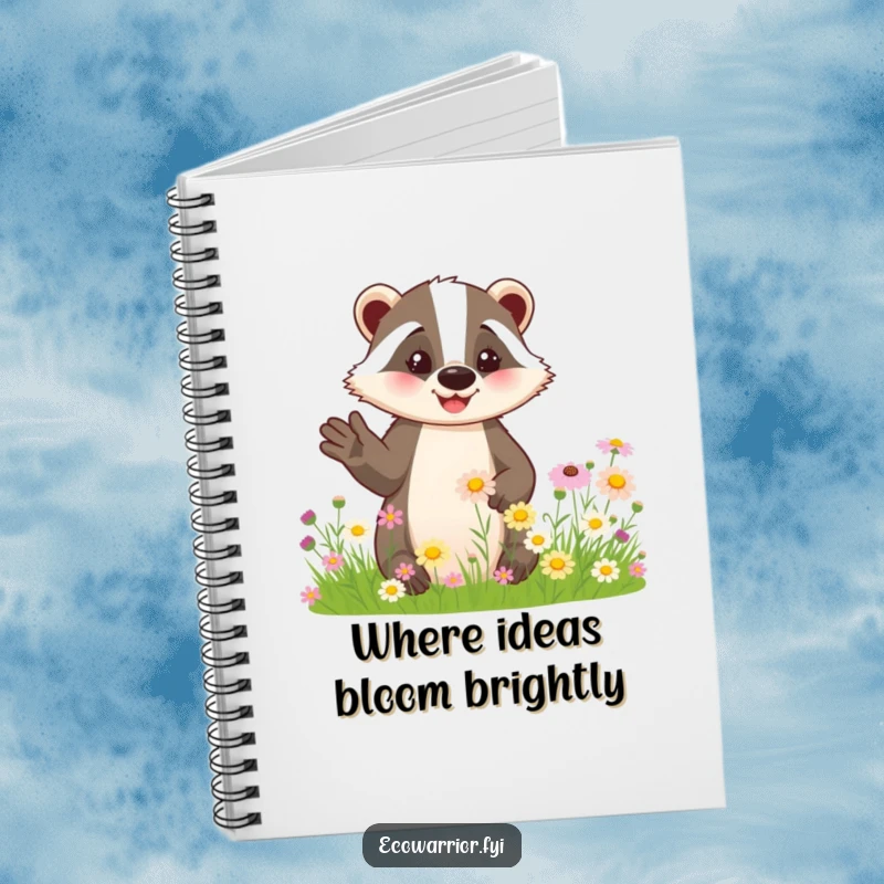 Funny notebook with a friendly badger gesturing to wildflowers, ideal for nature journaling and notes.
