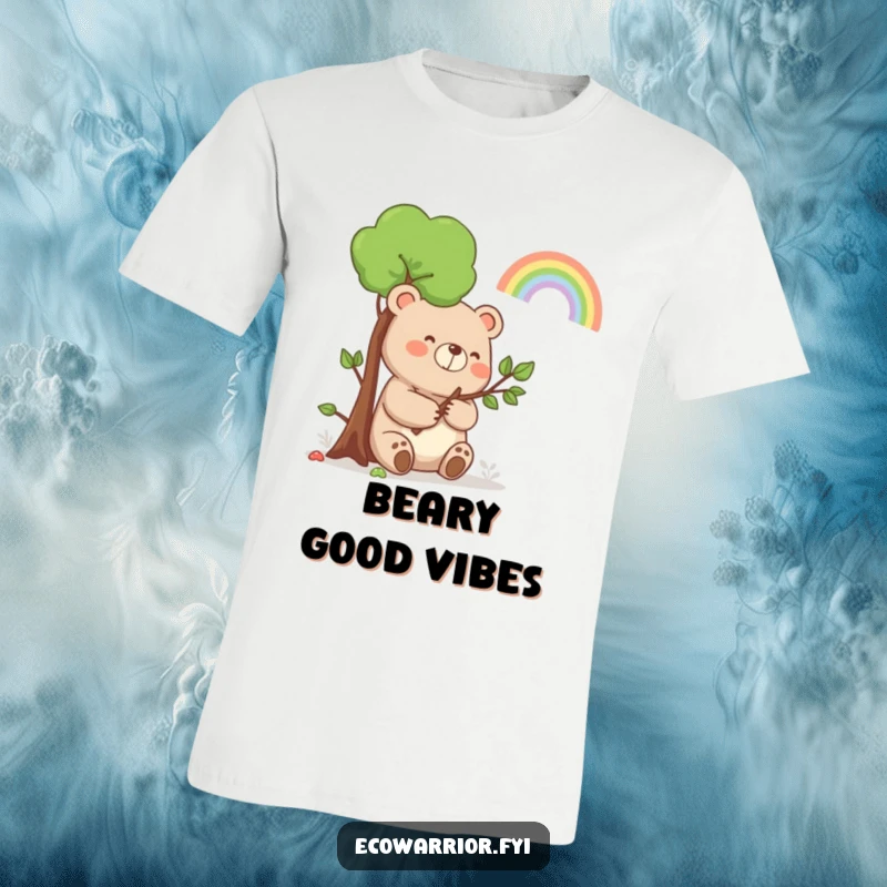 Funny Bear Rainbow T-Shirt: A happy bear holding a sapling, smiling at a rainbow, showcasing nature's positivity.