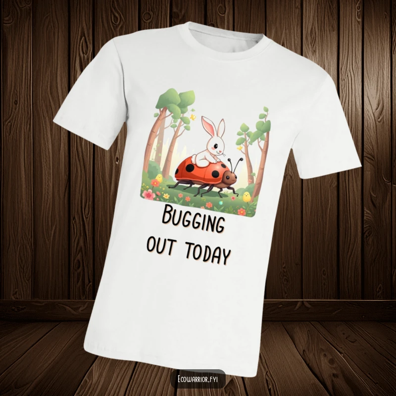 Funny Rabbit T-Shirt depicting a curious rabbit riding a giant ladybug through a vibrant, enchanting forest.