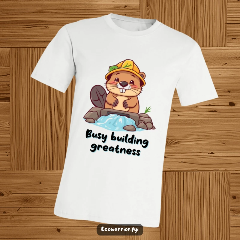 Funny Beaver Builder T-Shirt: A determined beaver wearing a leaf hard hat actively builds a dam with logs.