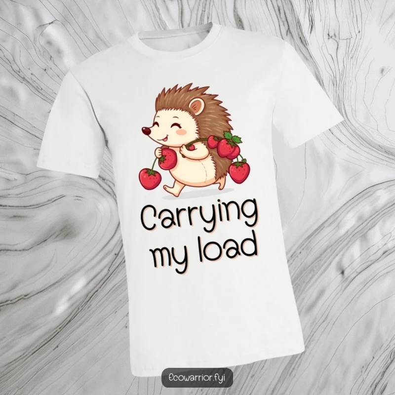 Funny t-shirt depicting a happy hedgehog purposefully walking with berries on its back, a busy and determined woodland creature.