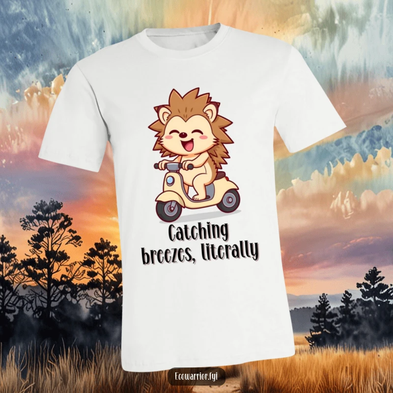 Funny Cheerful Hedgehog Scooter T-Shirt: A happy hedgehog riding a wind-powered scooter, looking joyful, a fun graphic tee.