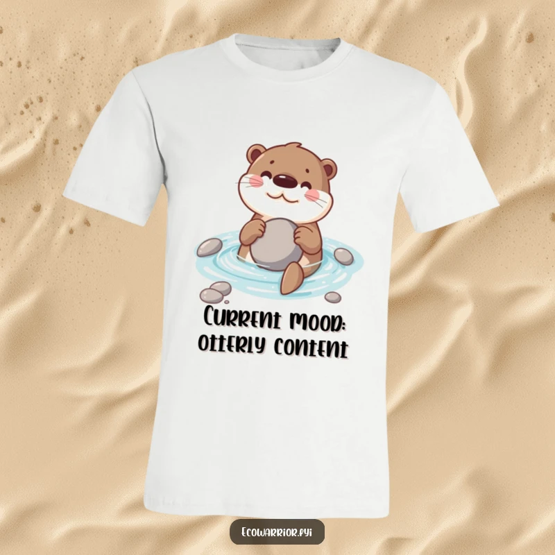Funny t-shirt with a cheerful otter swimming happily, holding a round stone, perfect for animal lovers seeking humor.