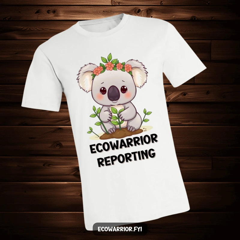 Funny koala t-shirt showcasing a cute koala wearing a leaf crown, determinedly planting a tiny sapling, promoting nature.