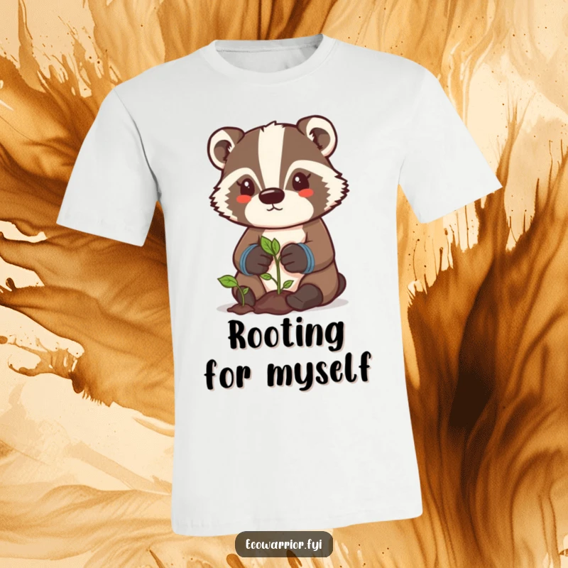 Funny badger gardener t-shirt featuring a determined character with gloves, showing care for a growing sprout, ideal for humor.
