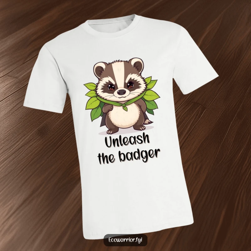 Funny t-shirt featuring a determined badger in a superhero cape fashioned from leaves, ready to defend the forest.