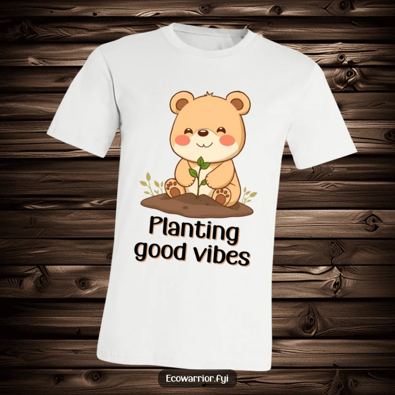 Funny T-Shirt: A happy bear planting a small seedling with a big, infectious, beaming smile.