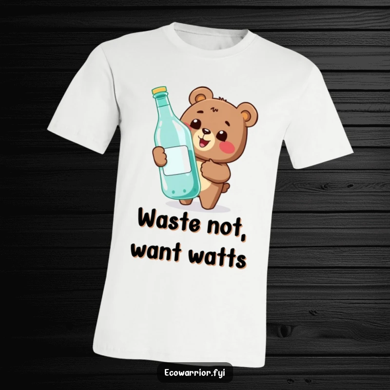 Funny t-shirt showcasing a happy bear character giving a thumbs-up while recycling a large bottle, celebrating eco-friendliness.