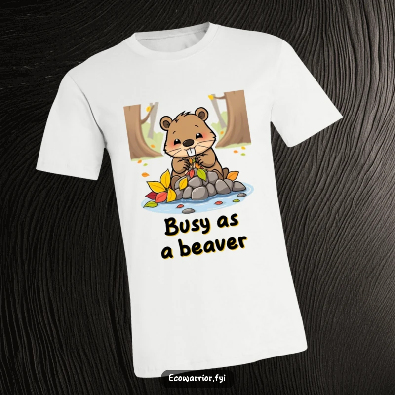Funny beaver character diligently constructing a dam from colorful leaves on a t-shirt, representing hard work.