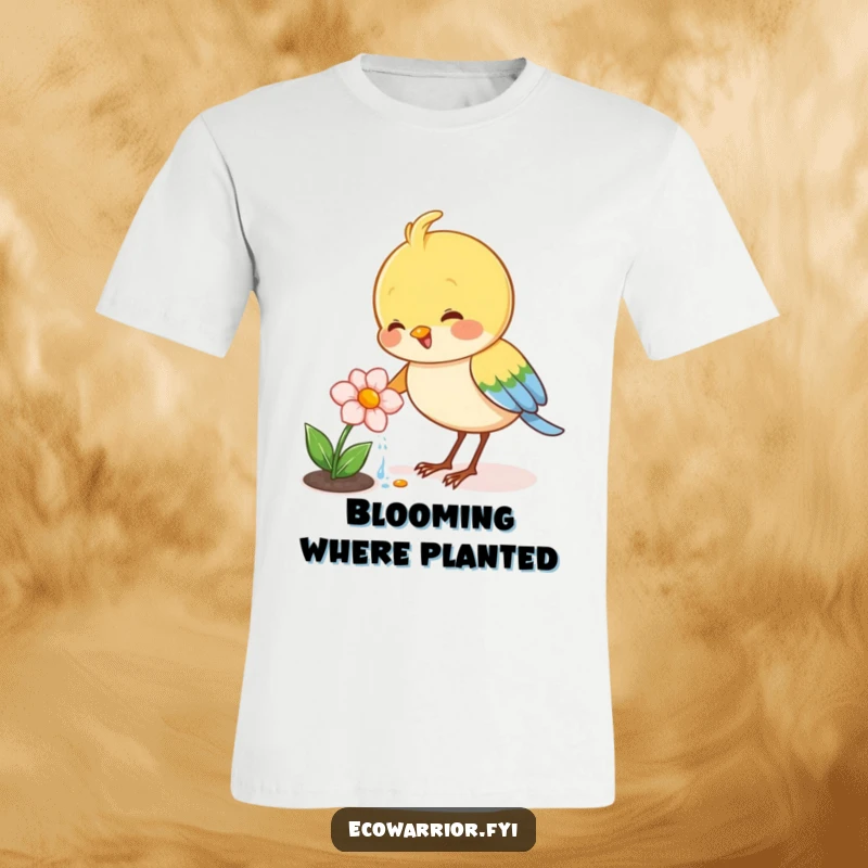 Funny t-shirt showcasing a joyful bird character watering a tiny blooming flower, representing growth and happiness.