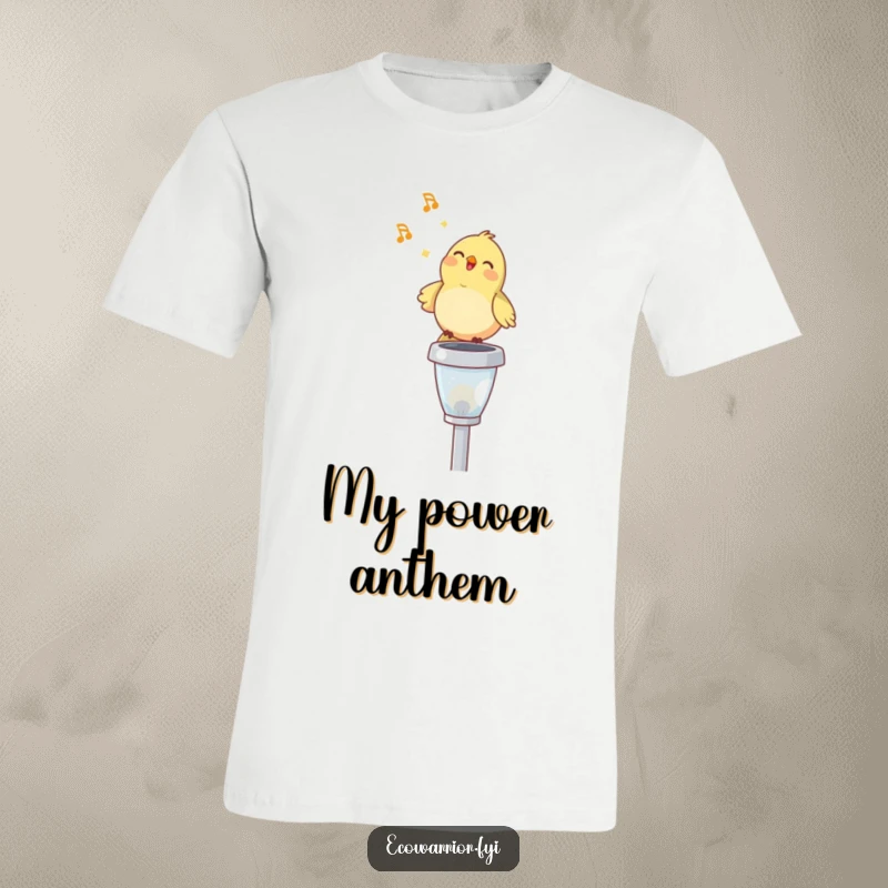 Funny t-shirt depicting a happy bird singing on a solar garden light, capturing cheerful morning energy and outdoor joy, great for nature lovers.