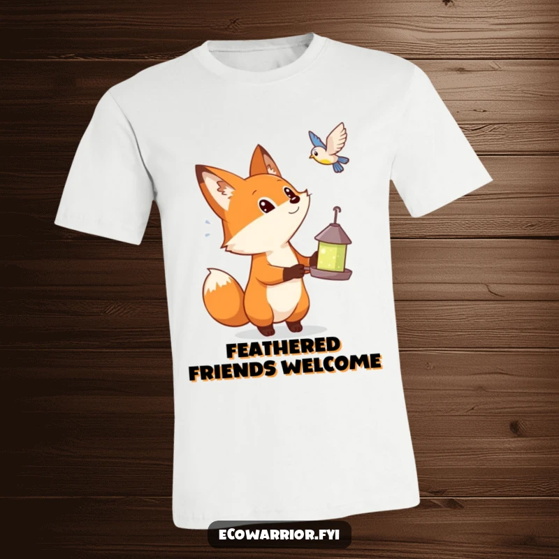 Funny t-shirt featuring a curious fox holding a bird feeder, looking up with awe at a flying bird.