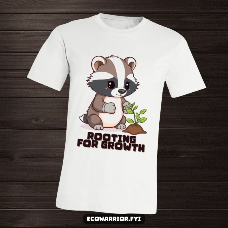 Funny t-shirt featuring a determined badger wearing gardening gloves, lovingly caring for a tiny sprout.
