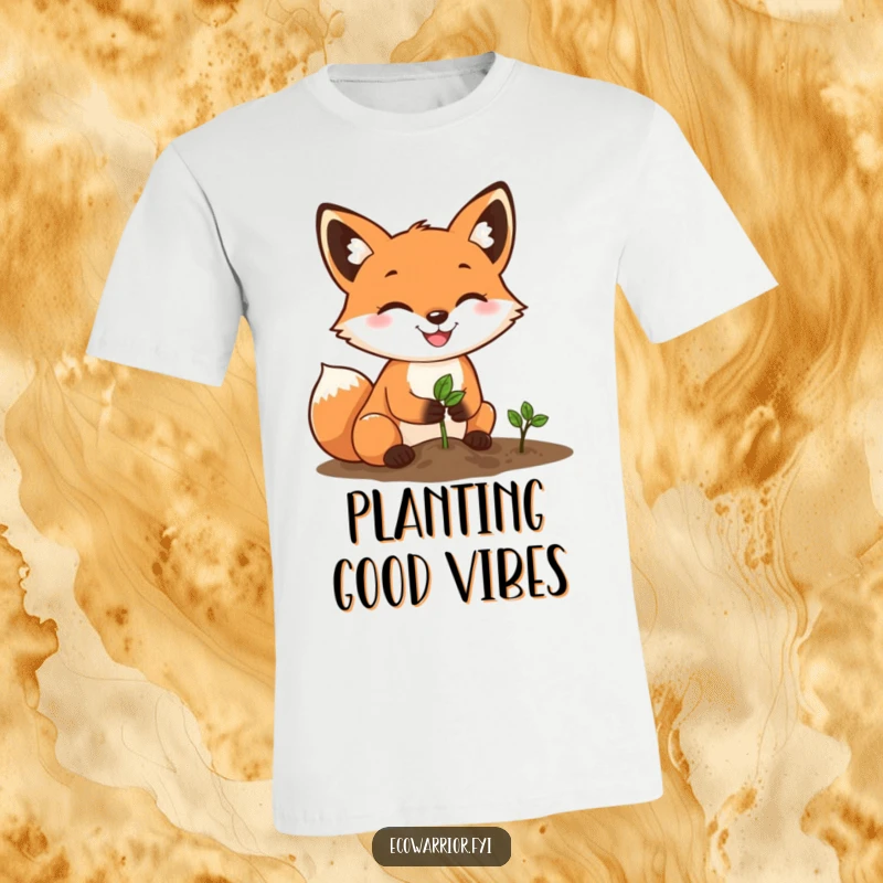 Funny Fox Gardener T-Shirt: A happy fox with a determined grin plants a small seed, symbolizing growth and effort.