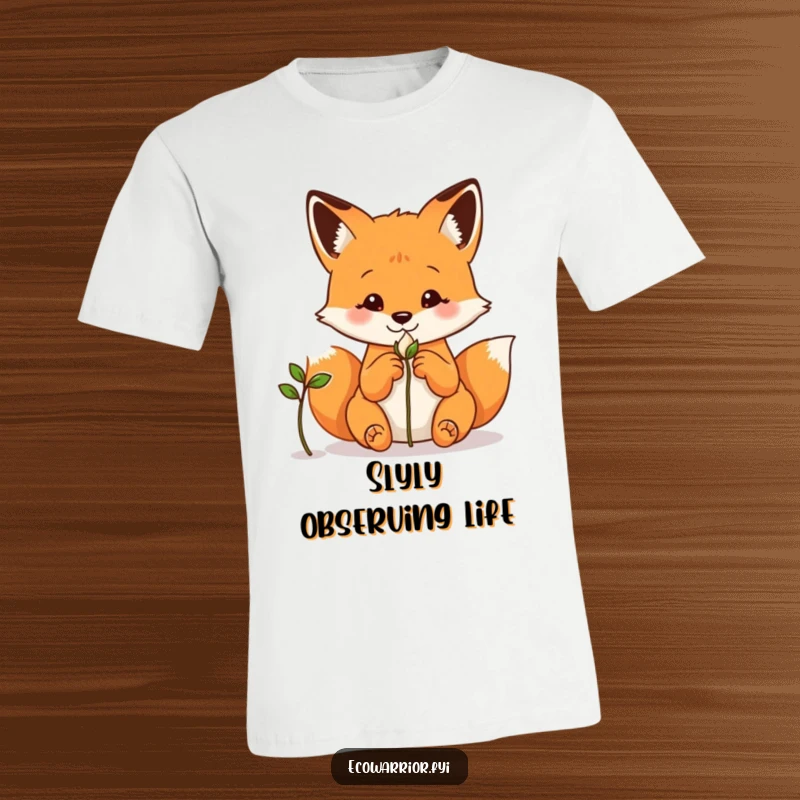 Funny fox t-shirt, with hands clasped behind its back, examining a sprouting seed with keen interest.