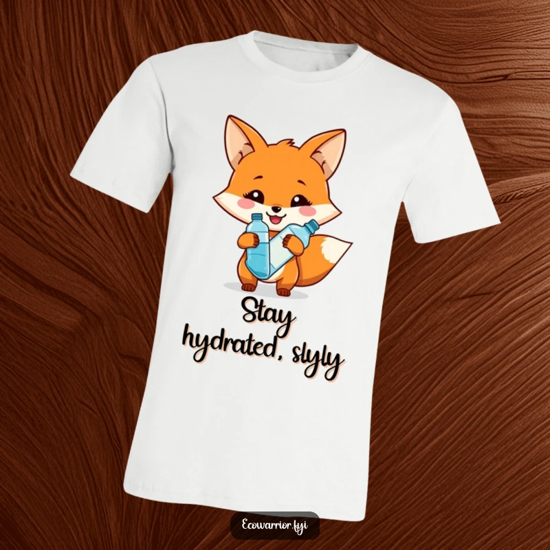 Funny t-shirt featuring a smiling fox character holding a reusable water bottle, celebrating eco-friendly habits with humor.
