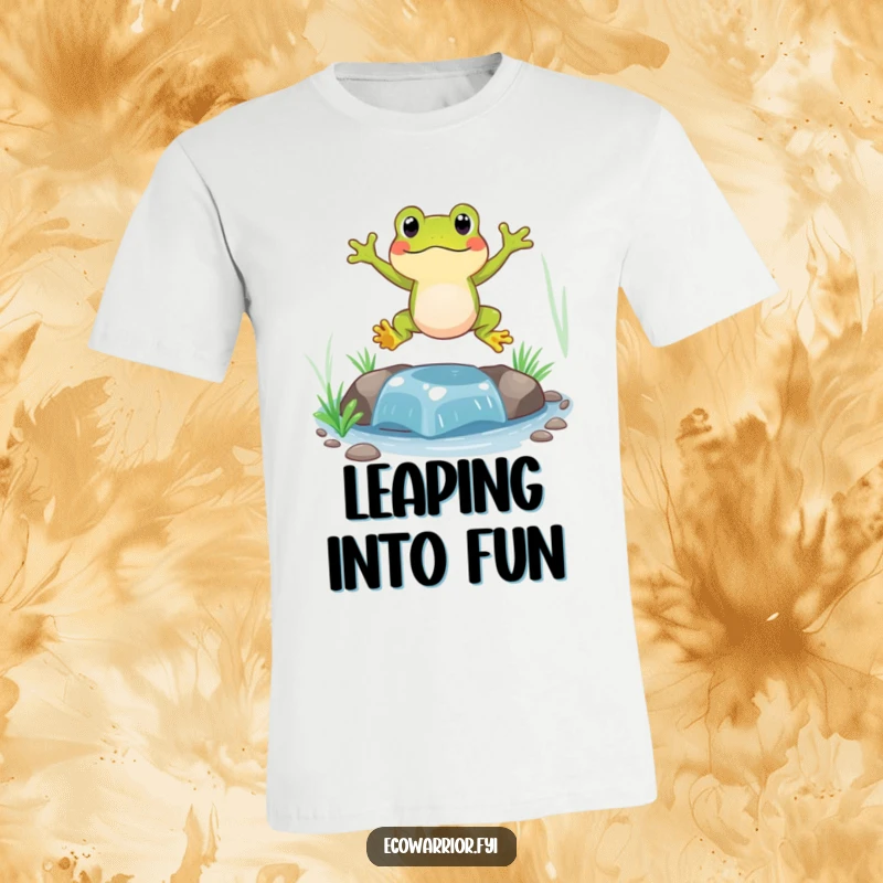 Funny Frog T-Shirt depicting a joyous frog mid-jump across a clear, babbling stream, radiating fun and freedom.