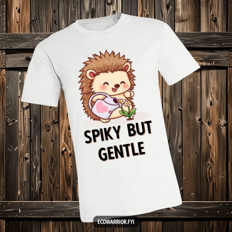 Funny t-shirt depicting a cheerful hedgehog carefully watering a small flower, showcasing a love for plants and gentle care.