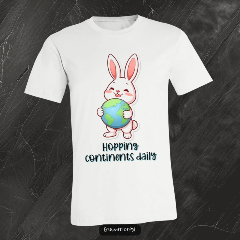 Funny Joyful Rabbit Globe T-Shirt: A joyful rabbit holding a globe, pointing at a green landmass, a humorous tee for explorers.