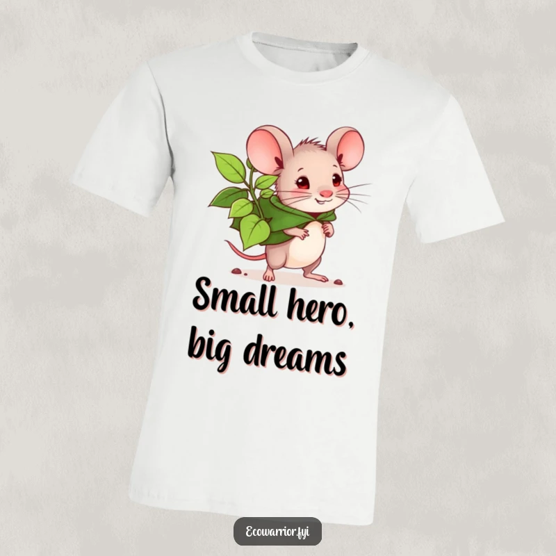 Funny mouse planter t-shirt, determined mouse with leaf cape carrying a large seedling. A symbol of hope and action. Great gift.