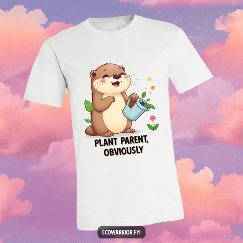 Funny Otter Gardener T-Shirt: A happy otter with a leaf watering can joyfully sprinkles water on vibrant green plants.