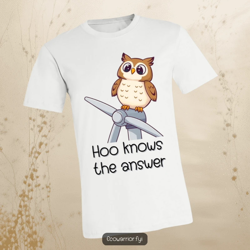 Funny t-shirt featuring a delighted owl perched on a wind turbine, looking towards the sky with curiosity and wisdom.