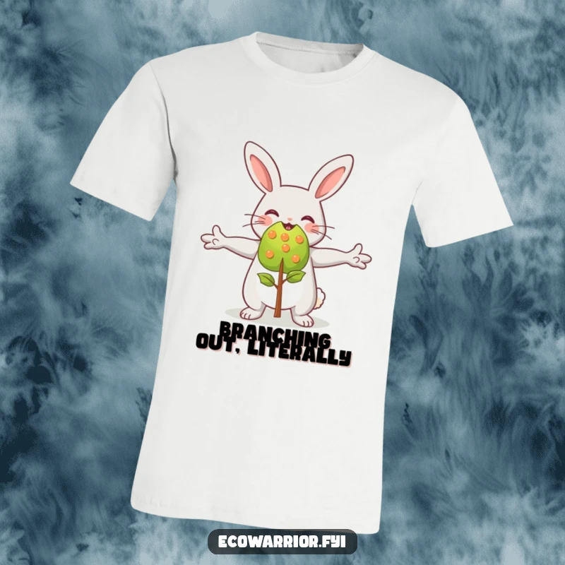Funny happy rabbit character joyfully embracing a vibrant green sapling, expressing love for nature on a comfortable t-shirt.