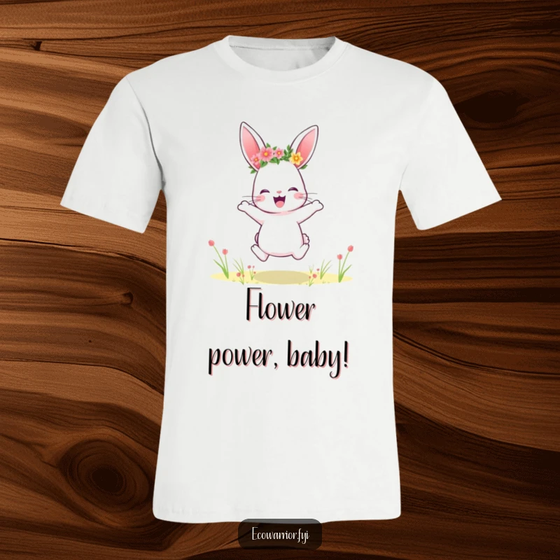 Funny rabbit t-shirt, adorned with a flower crown, mid-jump with pure delight in a sunny field.