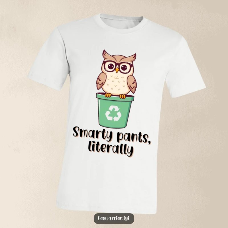 Funny t-shirt featuring a smiling owl wearing eyeglasses, perched on a recycling bin, a smart and eco-conscious creature.