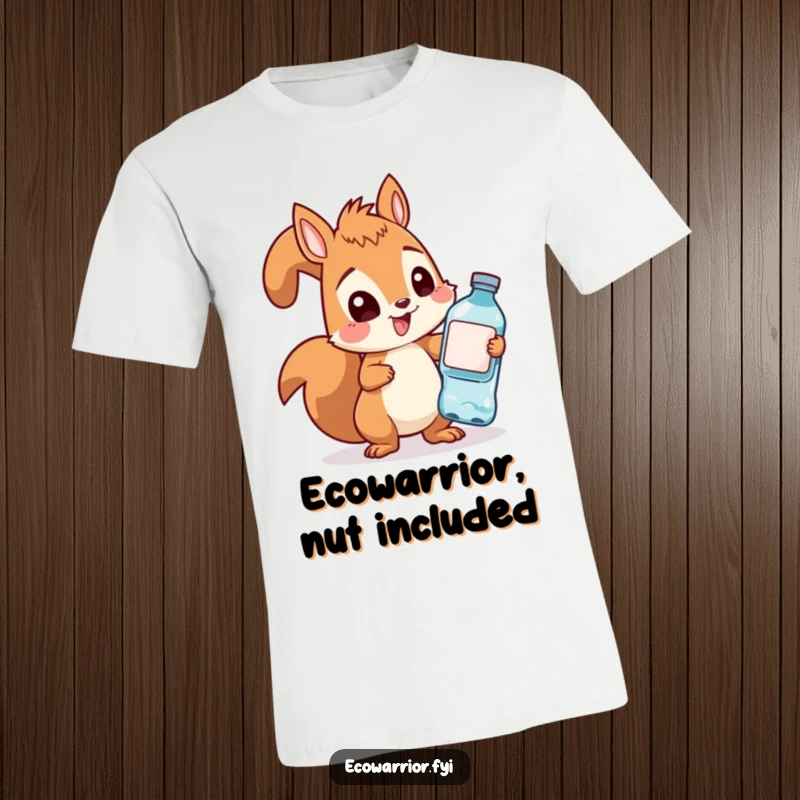 Funny determined squirrel actively collecting discarded plastic bottles on a comfortable t-shirt, promoting eco-humor.