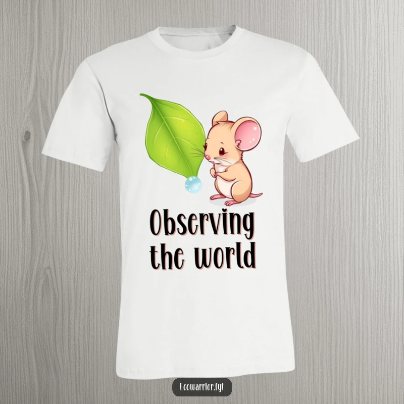 Funny t-shirt depicting a curious mouse examining a dewdrop on a leaf, a charming and inquisitive woodland creature.