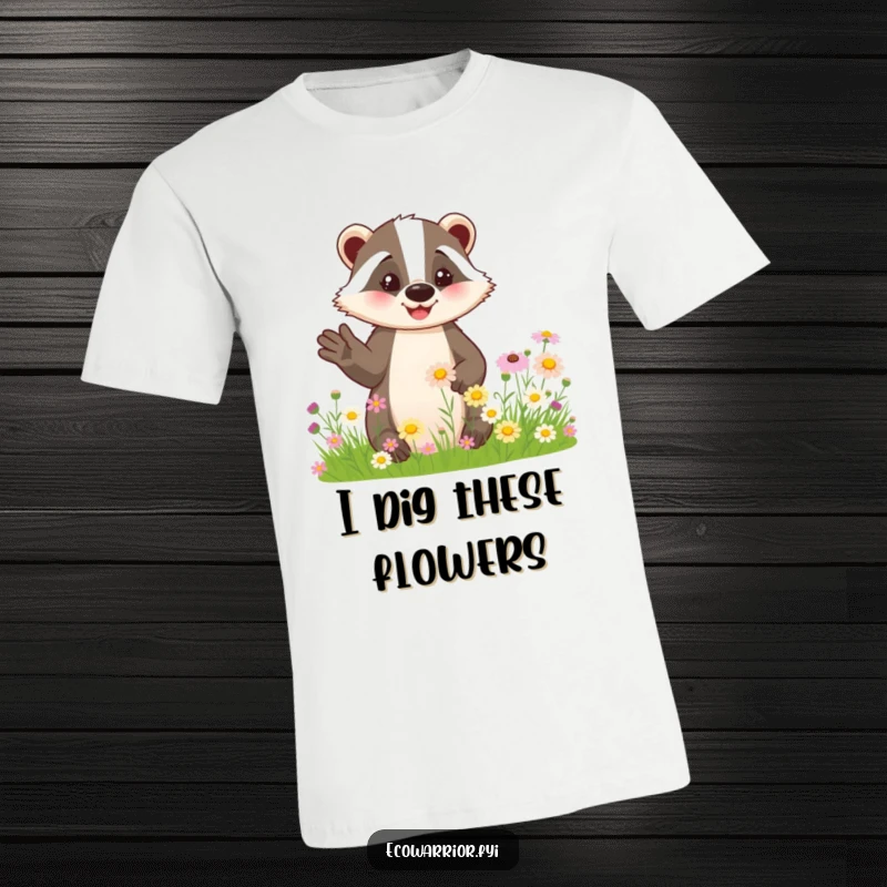 Funny t-shirt with a smiling badger pointing to blooming wildflowers, ideal for nature lovers seeking humor.