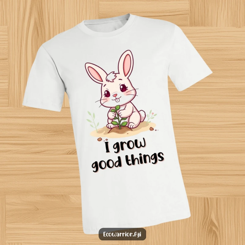 Funny t-shirt with a cheerful, determined rabbit character actively planting a tiny sapling, spreading joy and love for gardening.