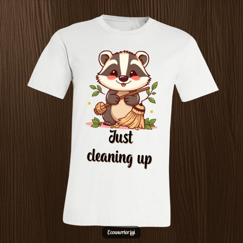 Funny Badger Sweeper T-Shirt: A cheerful badger with a twig broom sweeps colorful fallen leaves with a smile.