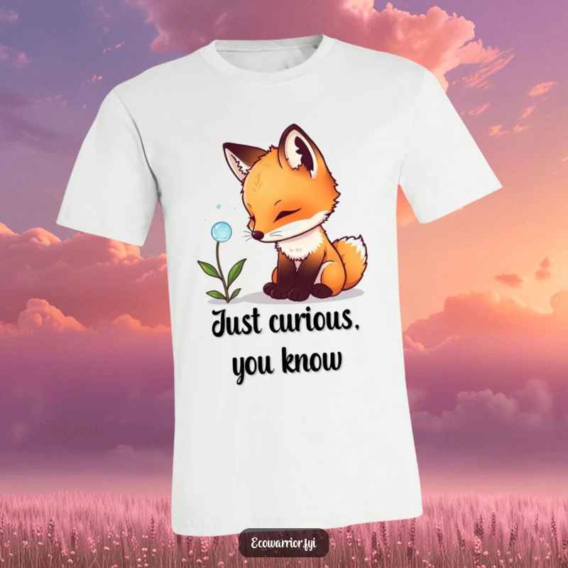 Funny fox cub t-shirt, showing a curious cub marveling at a shiny dewdrop on a green plant, a truly enchanting wildlife design.